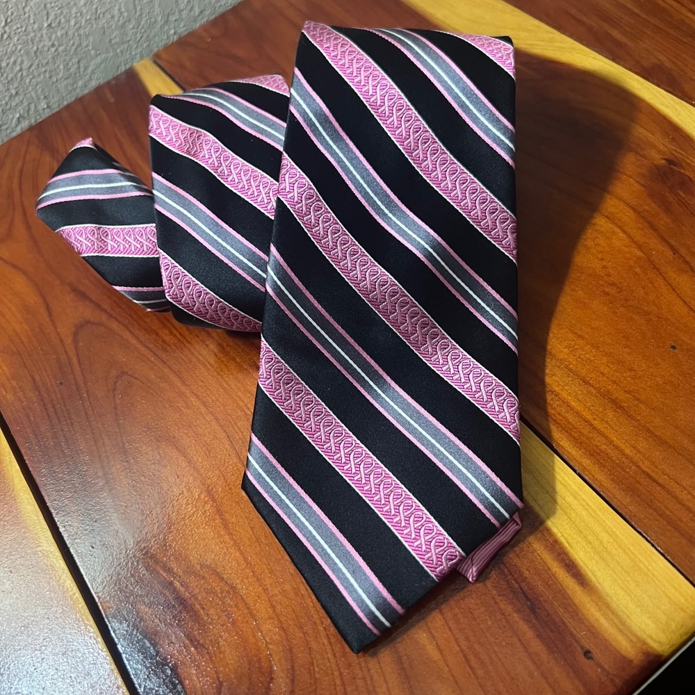 Real Men Wear Pink by Diane Katzman 100% Silk Tie Black Striped Breast Cancer